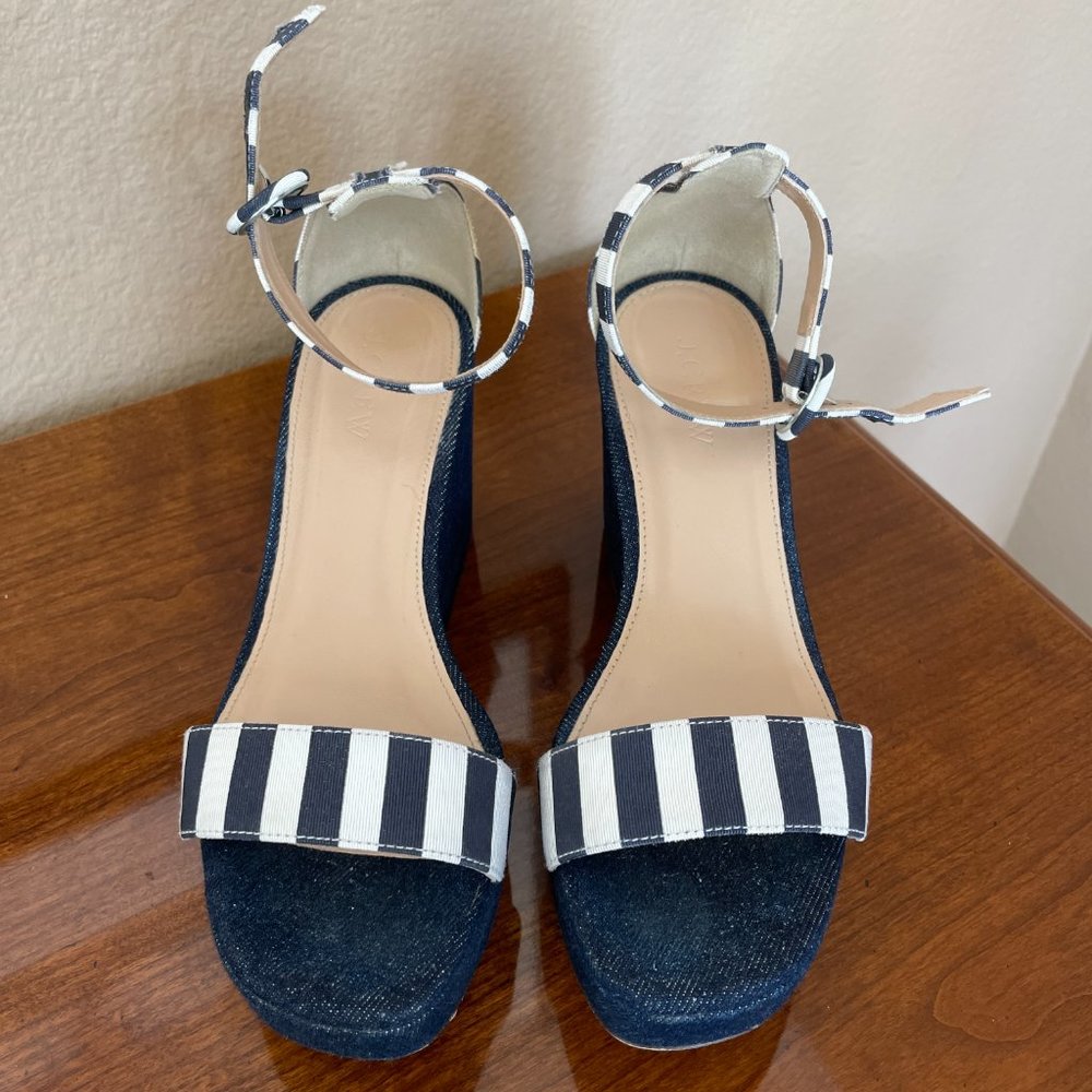 J CREW STRIPED DENIM WEDGES NAVY IVORY E7656 SZ 7 - Picture 2 of 12